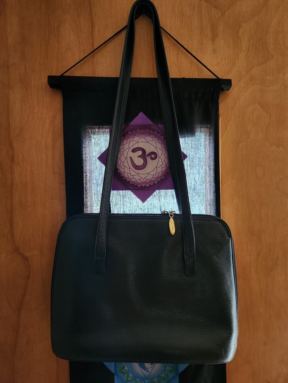 Cole Haan Navy Pebbled Leather Laptop Tote with Gold Zipper Pulls